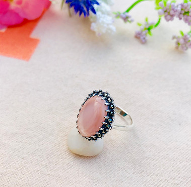 Pink Mother of Pearl Marcasite Halo sterling silver ring